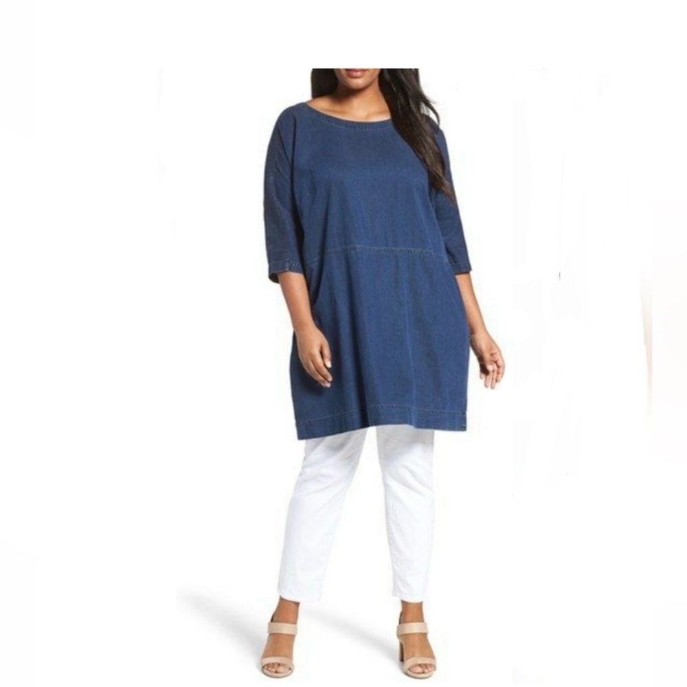 Eileen Fisher Chambray Denim Shift Dress Dark Wash Organic Cotton Tencel size L